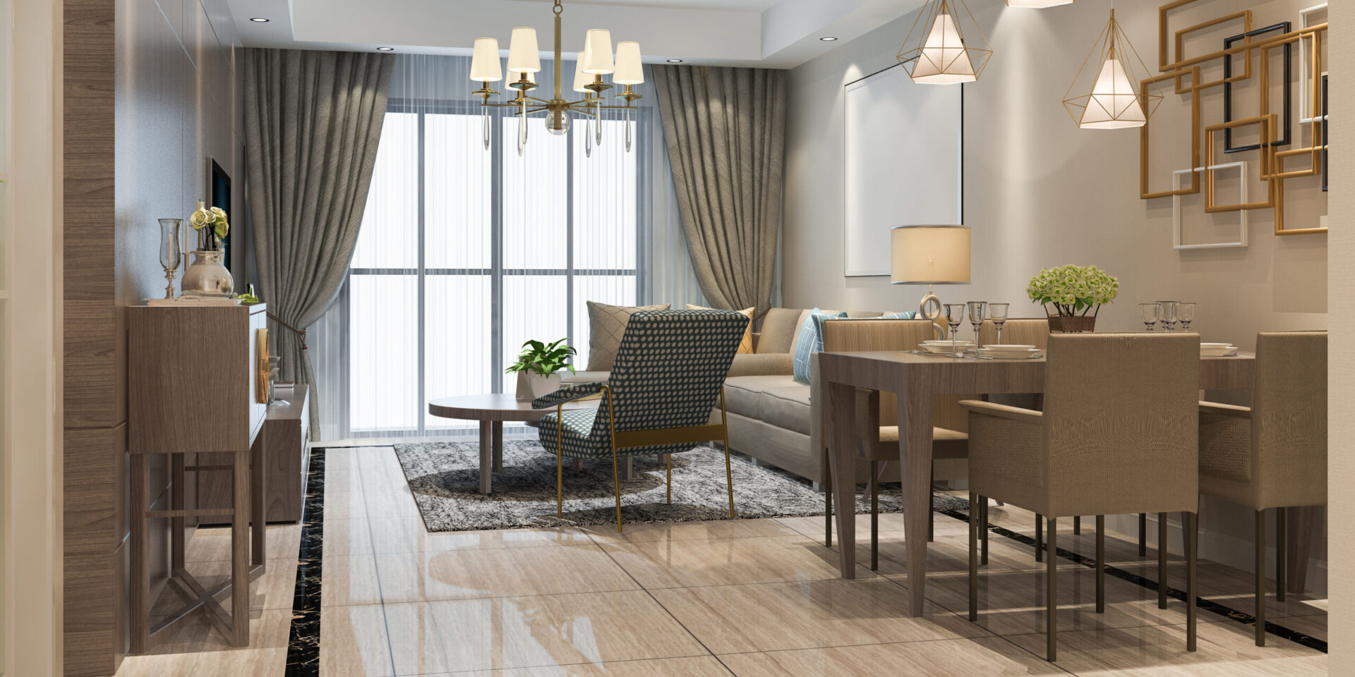 Dikdörtgen Salonların Dekorasyonu Nasıl Olmalıdır? 1 3d rendering loft luxury living room with shelf near dining table scaled