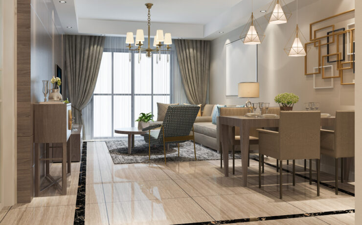 Dikdörtgen Salonların Dekorasyonu Nasıl Olmalıdır? 7 3d rendering loft luxury living room with shelf near dining table scaled