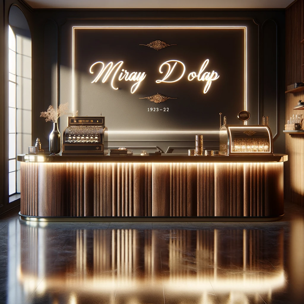 DALL·E 2024 02 26 15.41.58 Create an image showcasing a sleek modern counter setting possibly within a boutique or a cozy cafe environment. The counter is made of polished woo
