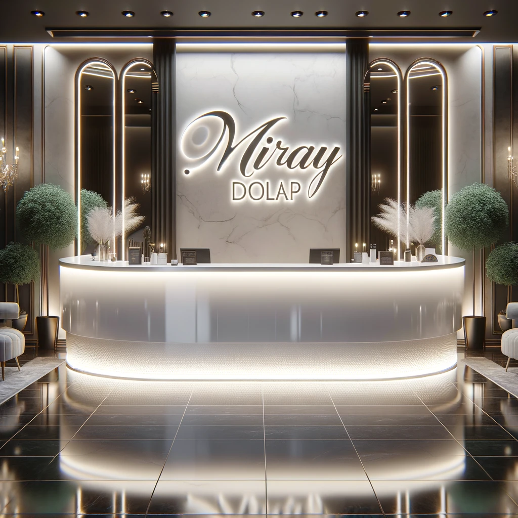 dall·e 2024 02 26 15.47.31 envision a chic salon reception area with an elegant modern counter. the counter is sleek made of high gloss white acrylic with subtle led lighting