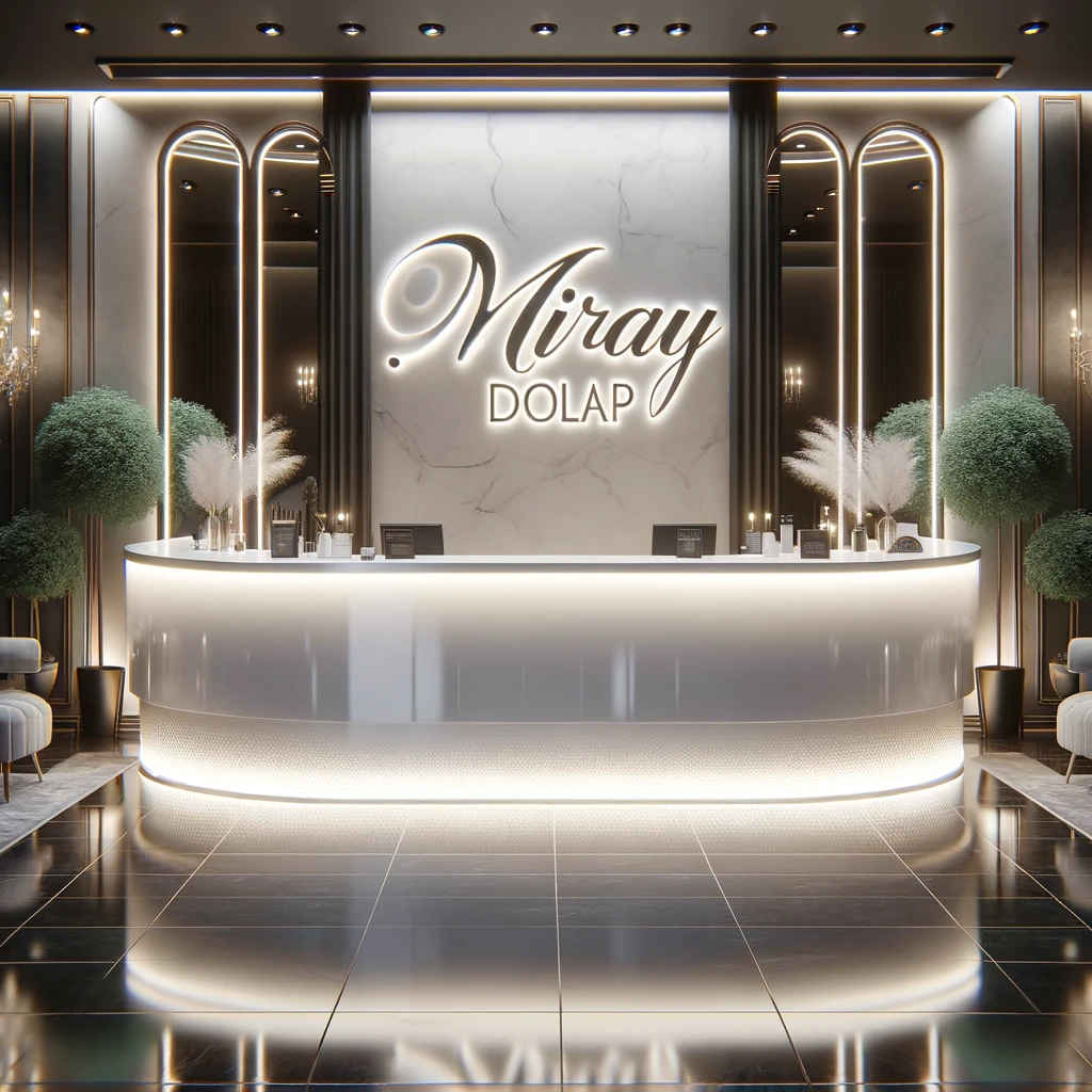 DALL·E 2024 02 26 15.47.31 Envision a chic salon reception area with an elegant modern counter. The counter is sleek made of high gloss white acrylic with subtle LED lighting