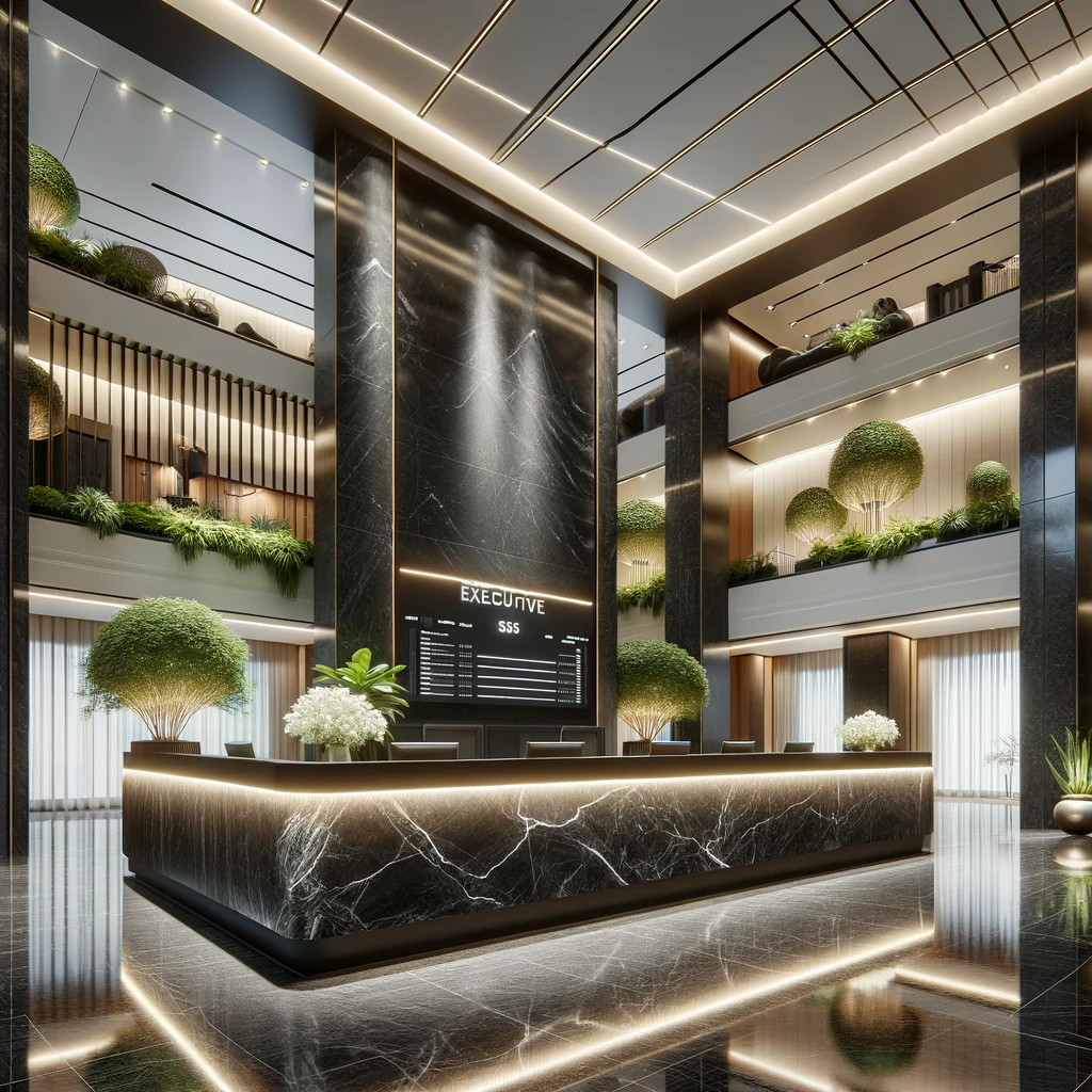 dall·e 2024 02 26 16.00.37 imagine a luxurious and modern executive office lobby with an impressive counter. the counter a masterpiece of design is crafted from a single piece