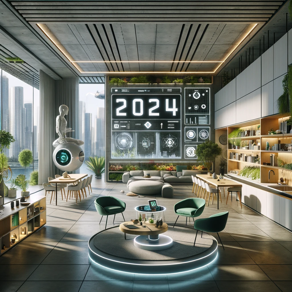 dall·e 2024 02 27 15.20.44 design an image showcasing a futuristic 2024 home decoration concept. the scene features an open plan living space that harmonizes cutting edge techno