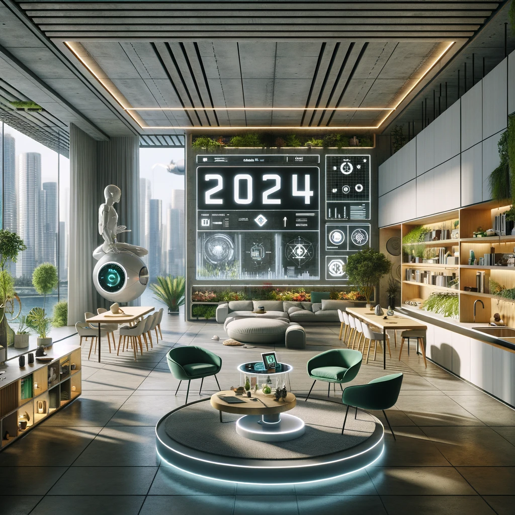 DALL·E 2024 02 27 15.20.44 Design an image showcasing a futuristic 2024 home decoration concept. The scene features an open plan living space that harmonizes cutting edge techno