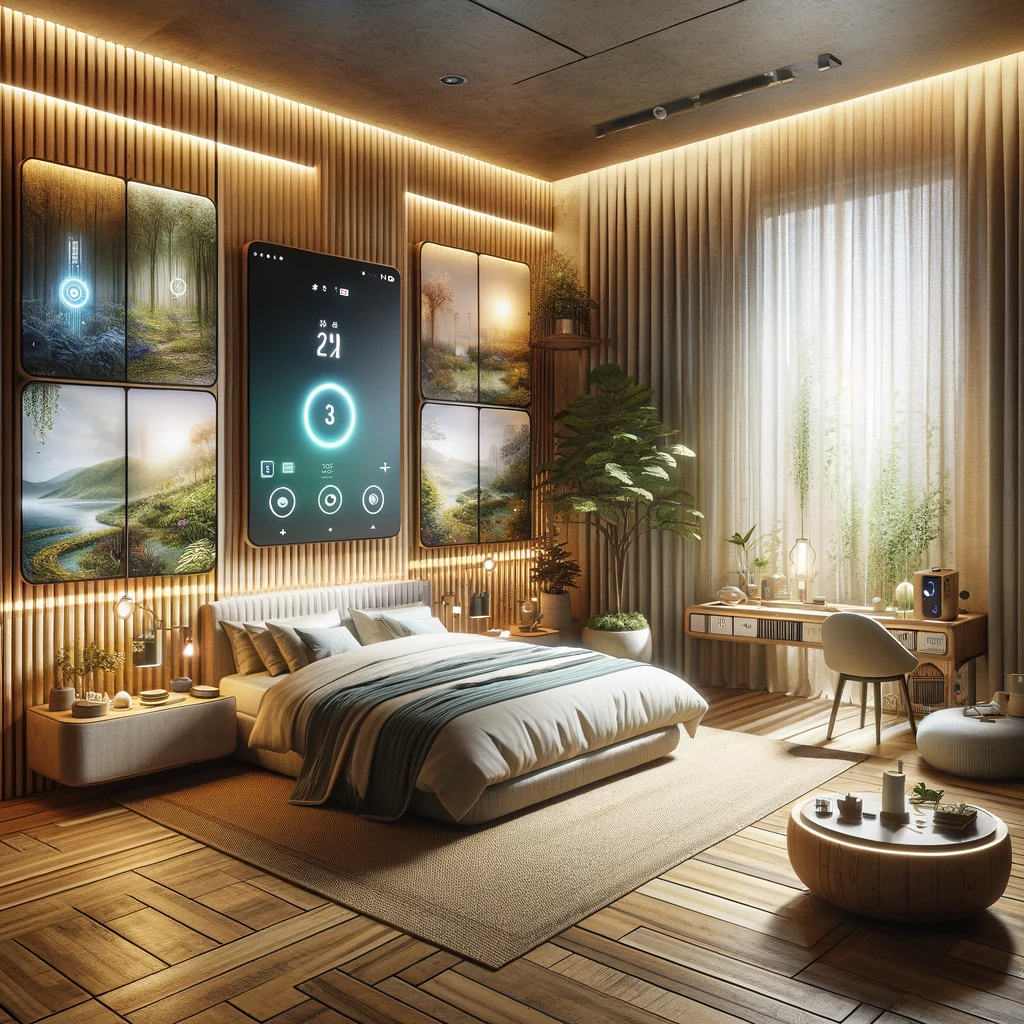 DALL·E 2024 02 27 15.20.52 Imagine a 2024 bedroom that marries technology with serene aesthetics for ultimate relaxation and efficiency. The room includes a smart bed with adjus