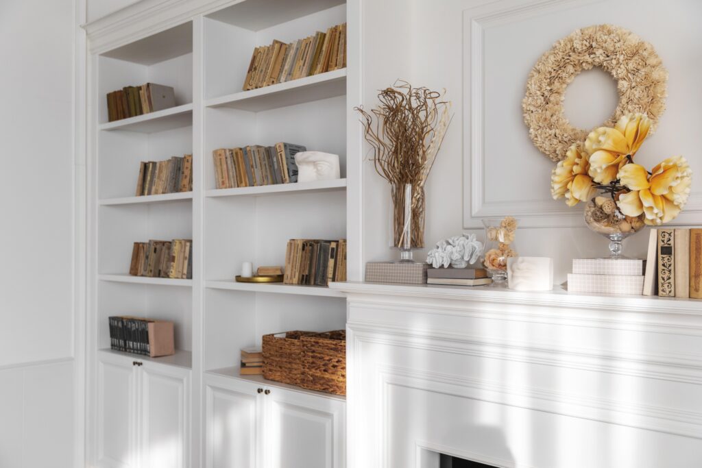 living room interior design with bookcase