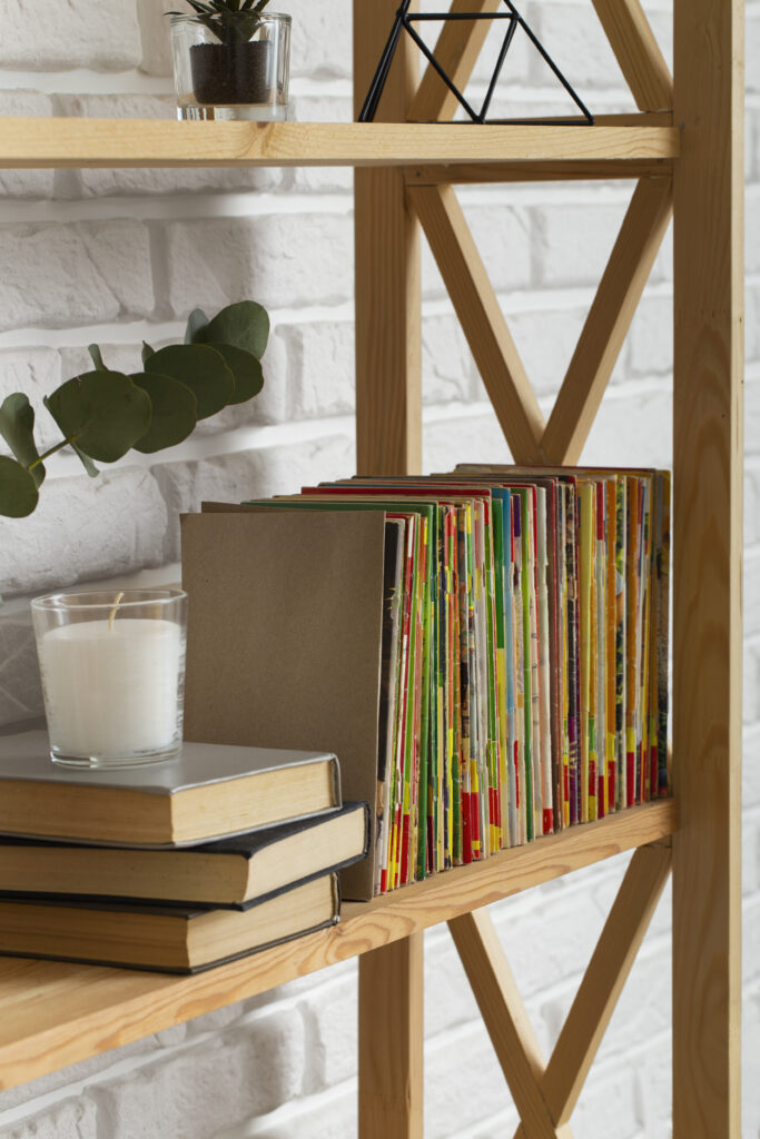 stack old coming book strips wooden shelf